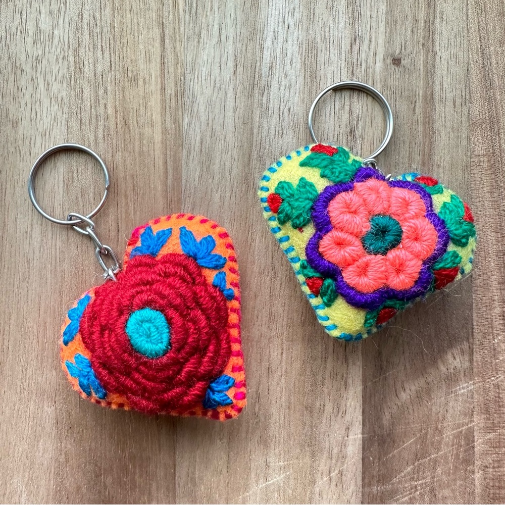 Two Hand Embroidered Hearts Mexican Ornament Heart Keychain Corazon Bordado
